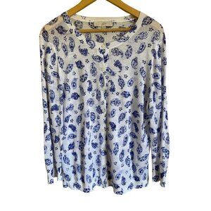LOFT Size XL Blue White Floral Ramie Rayon Button Front Cardigan Sweater Paisley